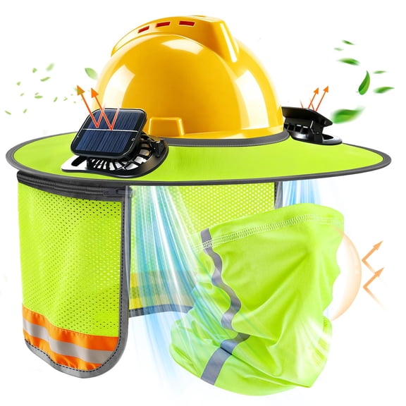 Hard Hat Sun Shade, Hard Hat Visor Full Brim with Solar Fan, High Visibility Mesh Hardhat Sun Shield with Neck Gaiter, Reflective Strip for Construction Workers Outdoor Summer Protection (Light Grey)