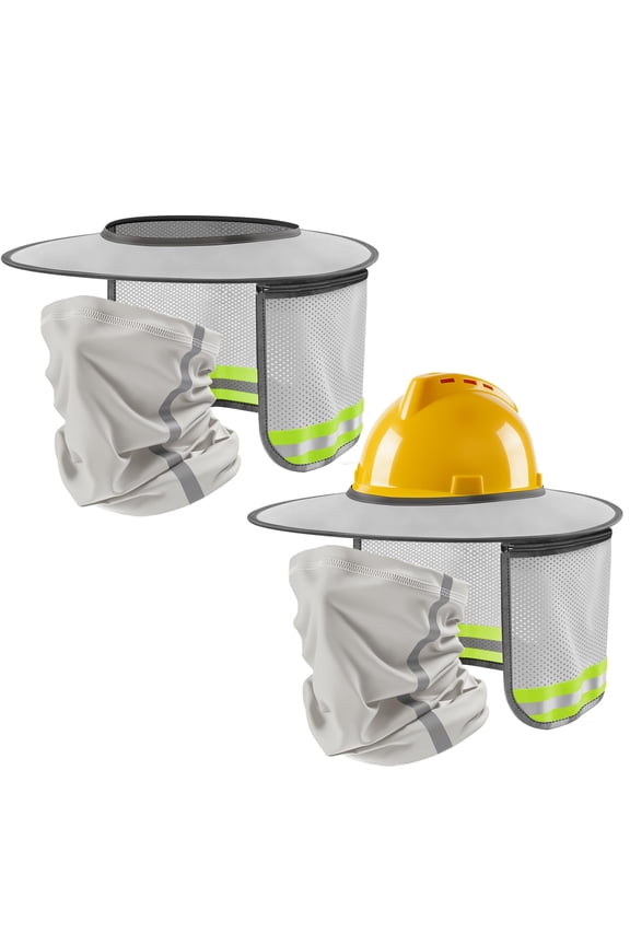 Hard Hat Sun Shade, Hard Hat Visor Full Brim with Solar Fan, High Visibility Mesh Hardhat Sun Shield with Neck Gaiter, Reflective Strip for Construction Workers Outdoor Summer Protection (Light Grey)
