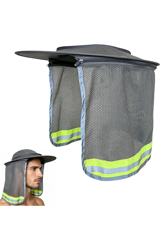 Hard Hat Sun Shield Visor with Full Brim and Neck Gaiter Set, Reflective Strips for High Visibility, Breathable Mesh Fabric Prevents Overheating, Essential for Construction Road Work, Gray, By Cosmug