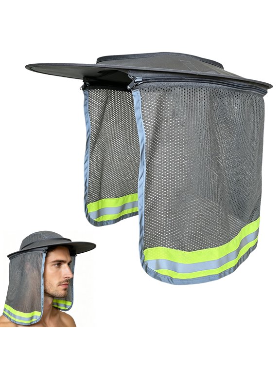 Hard Hat Sun Shield Visor with Full Brim and Neck Gaiter Set, Reflective Strips for High Visibility, Breathable Mesh Fabric Prevents Overheating, Essential for Construction Road Work, Gray, By Cosmug