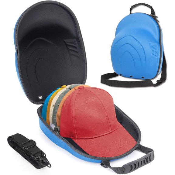 Hard Hat Travel Case, Cap Storage for Baseball Caps with Adjustable Strap and Carrying Handle, Hat Carrier Organizer Holder Bag up to 6 Hats for Women and Men Travel - Blue