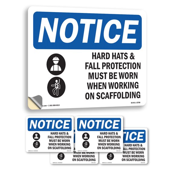 Hard Hats Fall Protection Worn Scaffolding OSHA Notice Vinyl Decal Label 7 Inch x 5 Inch - 5 Pack