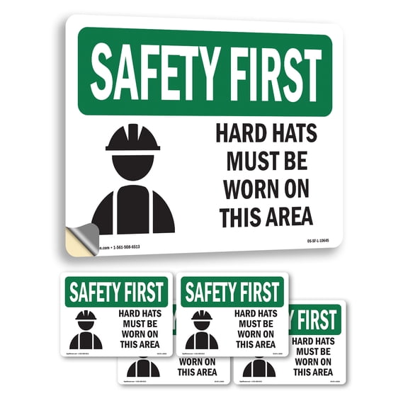 Hard Hats Must Be Worn In This Area With Symbol OSHA SAFETY FIRST Vinyl Decal Label 5 Inch x 3.5 Inch - 5 Pack