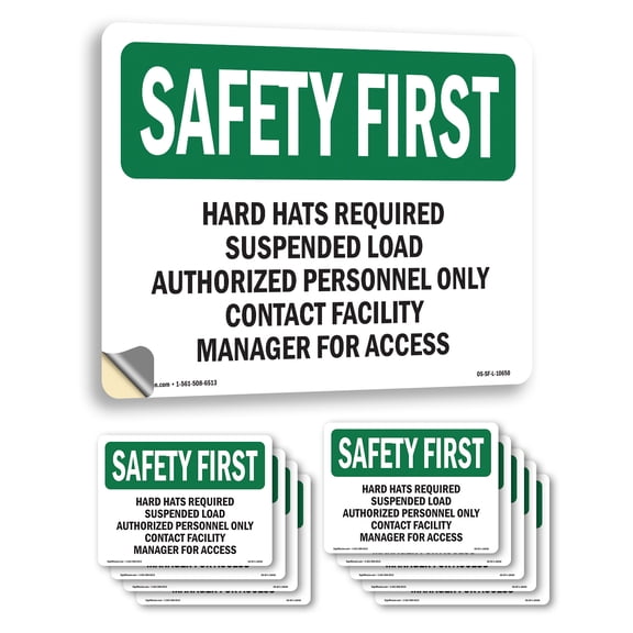 Hard Hats Required Suspended Load Authorized OSHA SAFETY FIRST Vinyl Decal Label 5 Inch x 3.5 Inch - 10 Pack