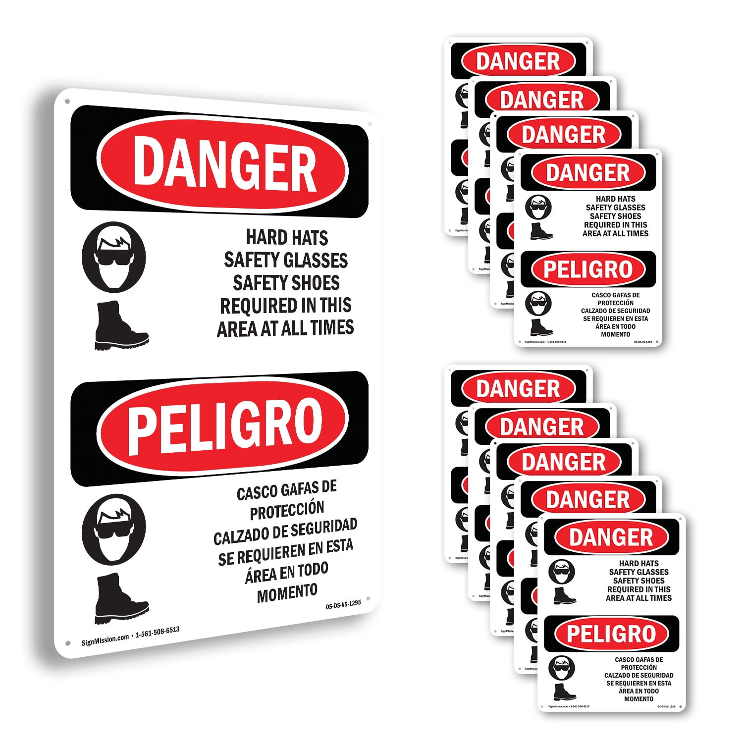 Hard Hats Safety Glasses Shoes Bilingual OSHA Danger Rigid Plastic Sign ...