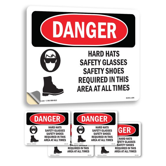 Hard Hats Safety Glasses Shoes Required OSHA Danger Vinyl Decal Label 7 Inch x 5 Inch - 5 Pack