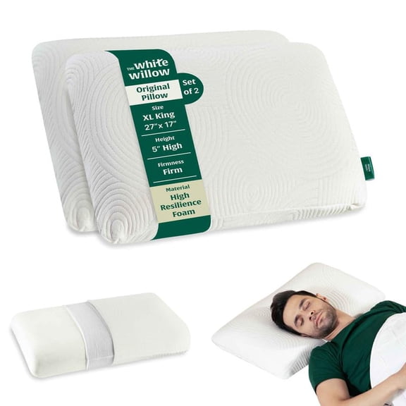 Hard Memory Foam Cervical Pillow For Sleeping, Orthopedic Pillow, White - XL King Size - 5 Inch | Hard Thick Pillow For Neck & Shoulder Pain, For Back, Side & Stomach Sleepers - Set Of 2