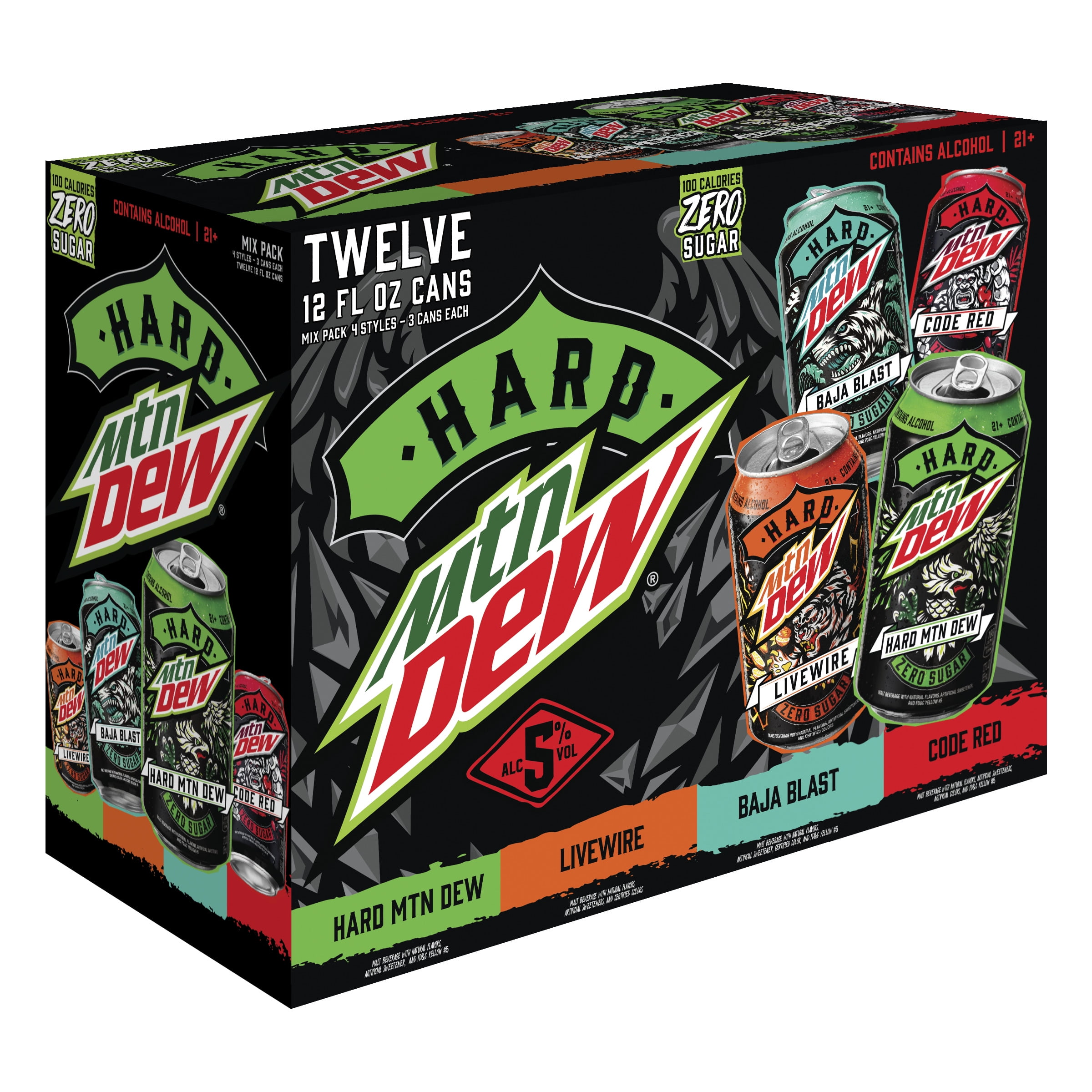 Hard Mountain Dew Classic Mix Variety, Malt Beverage, 12 Pack, 12 fl. oz. Aluminum Cans, 5% ABV