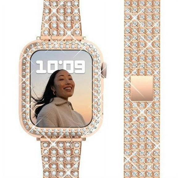 Yepband Hard PC Bling Watch Case + Bling Diamond Jewelry Watch Band Compatible with Apple Watch Series 9 8 7 SE 6 5 4 3 45mm 44mm 41mm 38mm 40mm 42mm Women Metal Jewelry Bracele for iWatch Series