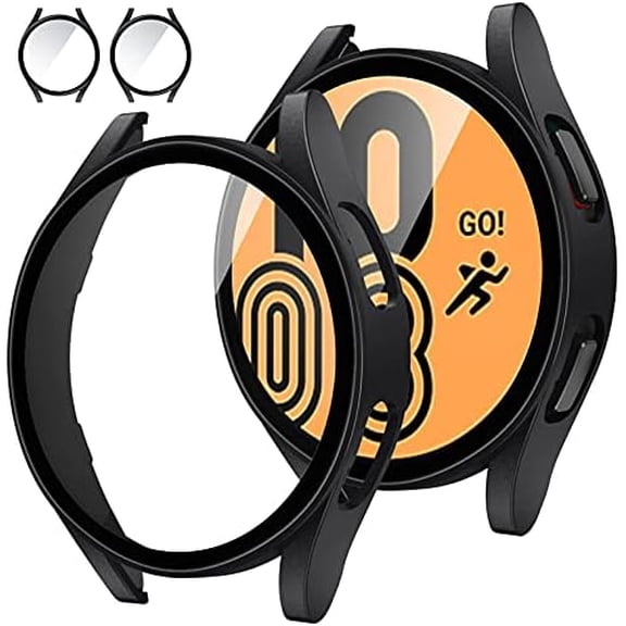Hard PC Bumper Case Compatible with Samsung Galaxy Watch 5 & Watch 4 44mm, 2Pack Matte Black Full Face Cover with Integrated Tempered Glass Film for Men Women
