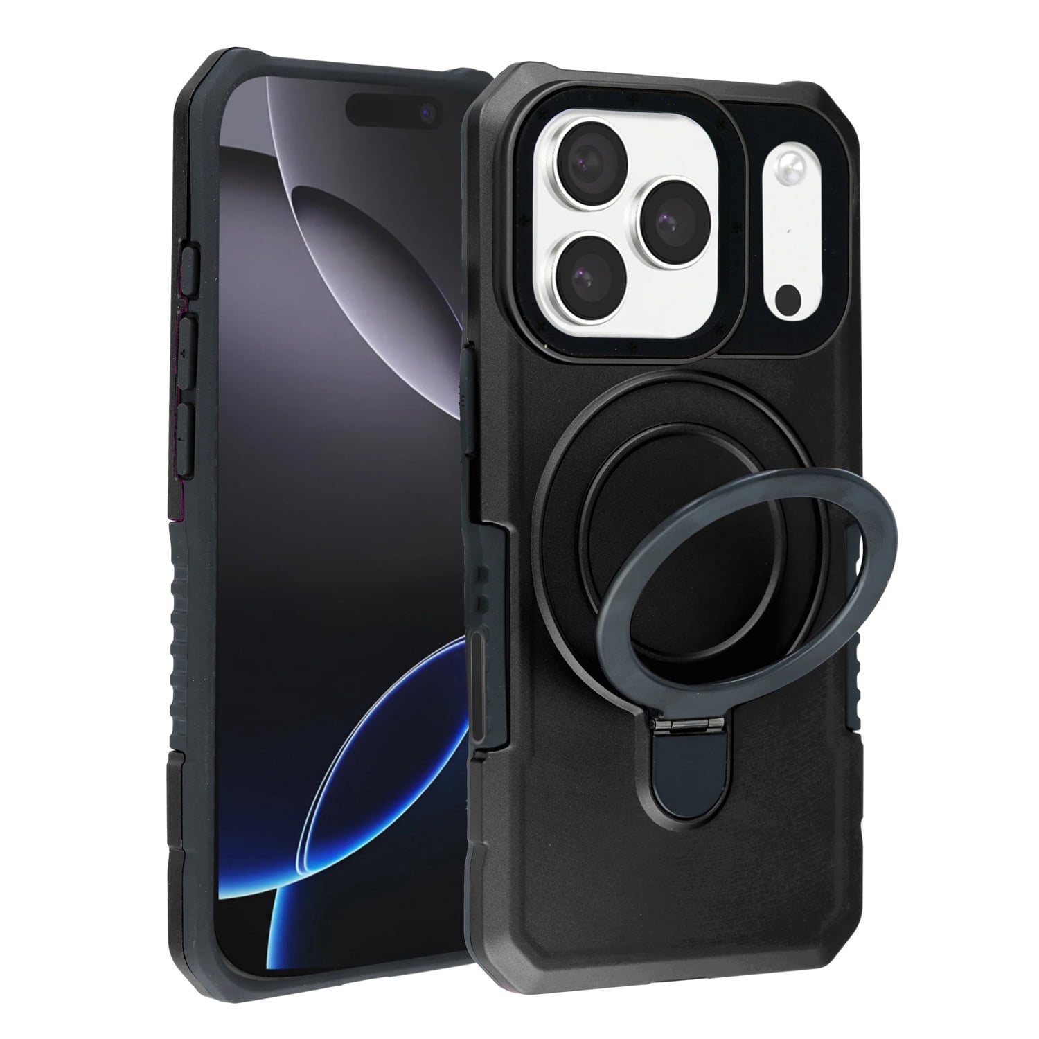 Hard PC Shockproof Case with Ring Holder for iPhone 17 Pro Max - Black