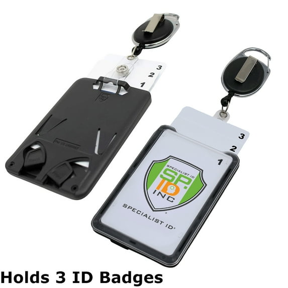 Hard Plastic 3 Card Badge Holder with Retractable Reel - Retracting ID Lanyard Features Belt Clip & Carabiner - Rigid Vertical CAC Holder - Top Load Holds Three Cards by Specialist ID (Black)