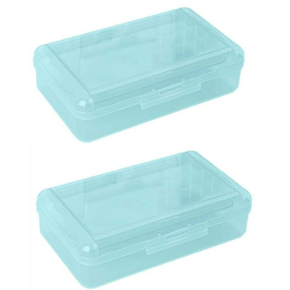 Hard Plastic Pencil Box, 2 Pack, Snap Closure Storage Case, Assorted Color Crayon Holder, Office Supplies for Teens & Adults, 8x5in, Blue