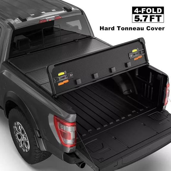 Hard Quad-Fold Truck Bed Tonneau Cover w/LED Lamp Compatible with 2017-2022 Nissan Titan 5.8FT Bed