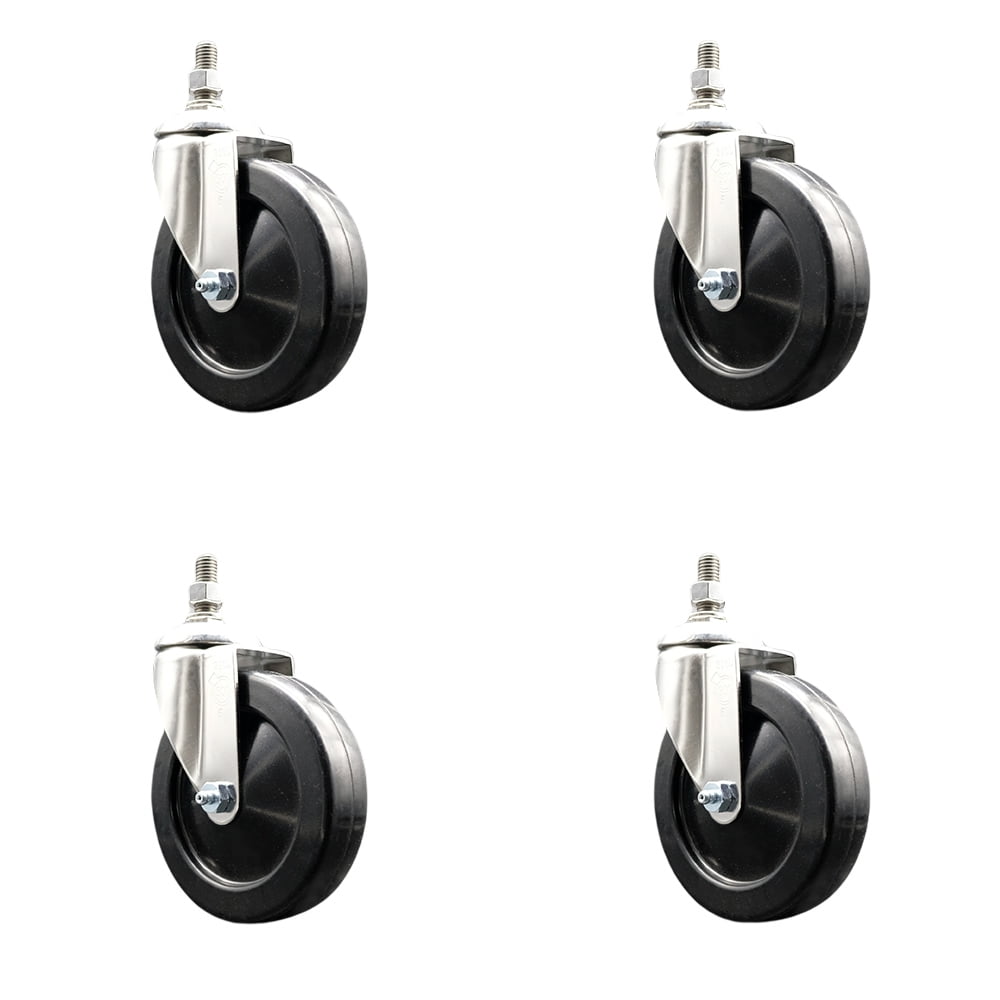 Hard Rubber Swivel Stem Caster Set of 4 with 5 Inch Caster Wheels 12mm Metric Threaded Stems