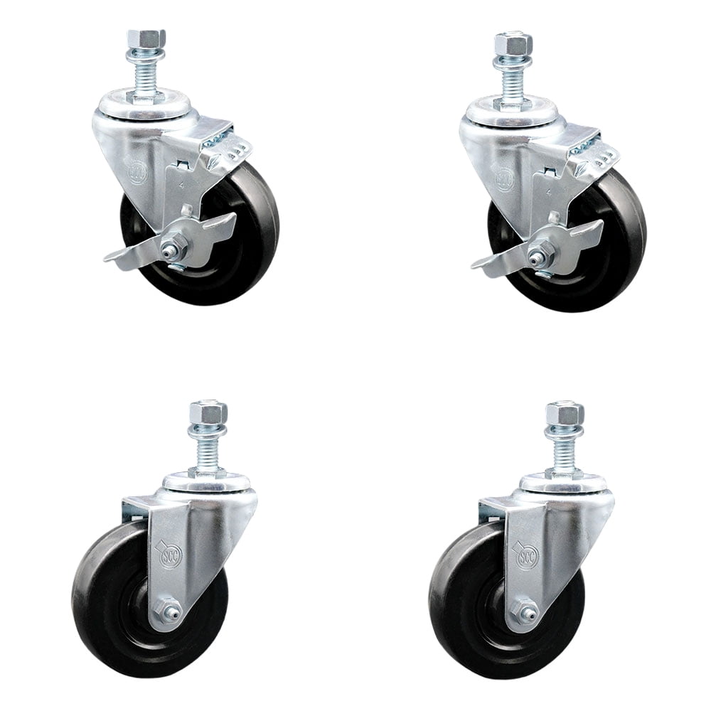 Hard Rubber Swivel Threaded Stem Caster Set of 4 w/4" x 1.25" Black