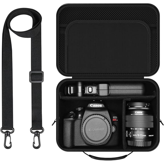 Hard Shell Camera Case Compatible with EOS Rebel T7/R50/R100 and DSLR & Mirrorless Cameras - Portable Travel Bag with Adjustable Dividers, Mesh Pocket & Strap (Black)