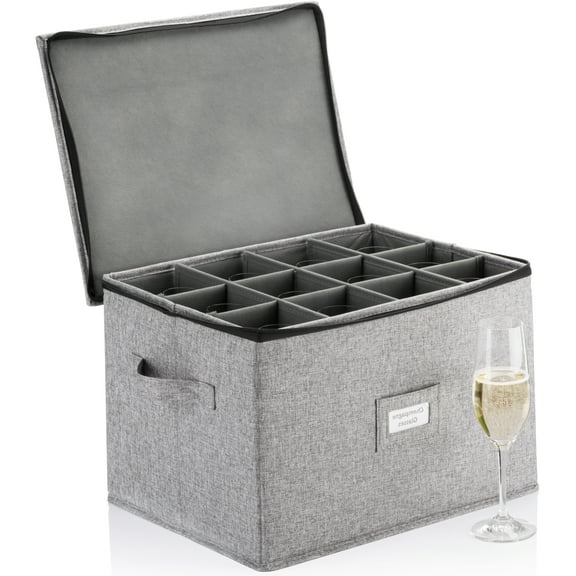 Hard Shell Champagne Flute Storage Box - Holds 12 Stemware Glasses - Protects Flutes, Crystal Glass, Wine Glasses and Fine China - Stackable - Fully Padded Inside and Carrying Handles