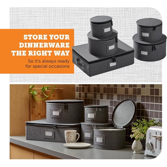 Hard Shell China Storage Container Set with Felt Dividers - 5-Piece Gray for Dinner Plates, Cups & Moving Supplies