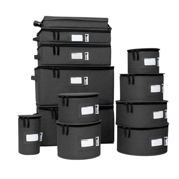Hard Shell China Storage Containers 12-Piece Set Moving Boxes for Dinnerware, Glasses, Plates, Mugs and Saucers Sturdy Dish Organizer with Dividers for Seasonal Storage - Service for 12 - Black