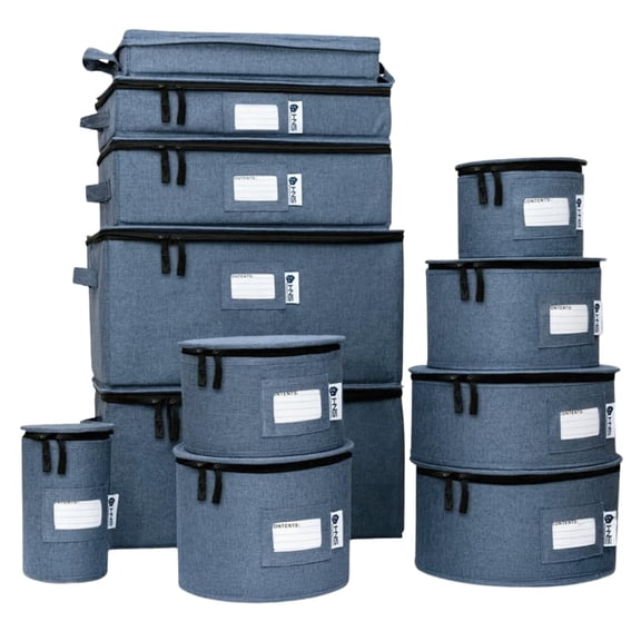 Hard Shell China Storage Containers 12-Piece Set Moving Boxes for Dinnerware, Glasses, Plates, Mugs and Saucers Sturdy Dish Organizer with Dividers for Seasonal Storage - Service for 12 - Denim Blue