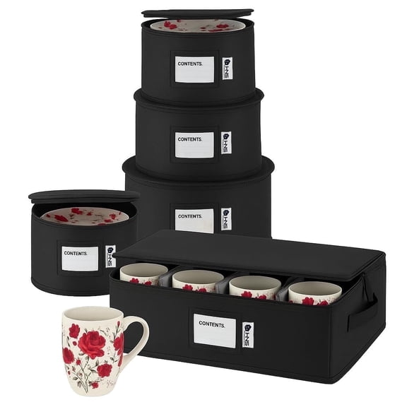 Hard Shell China Storage Containers 5-Piece Set Moving Boxes for Dinnerware, Glasses, Plates, Mugs and Saucers Sturdy Dish Organizer with Dividers for Seasonal Storage - Service for 12 - Black