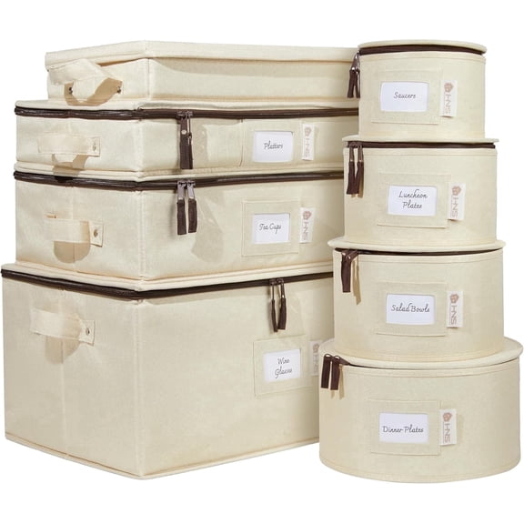 Hard Shell China Storage Containers 8-Piece Set Moving Boxes for Dinnerware, Glasses, Plates, Mugs and Saucers Sturdy Dish Organizer with Dividers for Seasonal Storage - Service for 12 - Beige