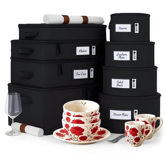 Hard Shell China Storage Containers 8-Piece Set Moving Boxes for Dinnerware, Glasses, Plates, Mugs and Saucers Sturdy Dish Organizer with Dividers for Seasonal Storage - Service for 12 - Black
