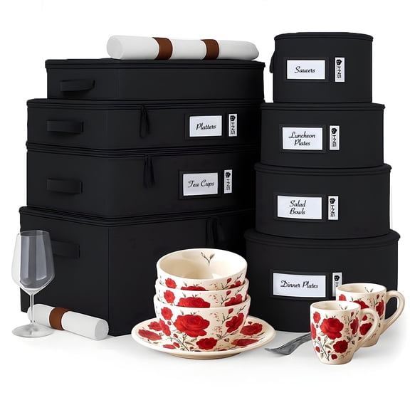 Hard Shell China Storage Containers 8-Piece Set Moving Boxes for Dinnerware, Glasses, Plates, Mugs and Saucers Sturdy Dish Organizer with Dividers for Seasonal Storage - Service for 12 - Black