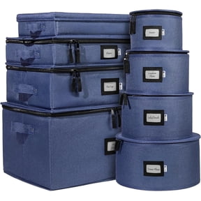Hard Shell China Storage Containers 8-Piece Set Moving Boxes for Dinnerware, Glasses, Plates, Mugs and Saucers Sturdy Dish Organizer with Dividers for Seasonal Storage - Service for 12 - Denim Blue