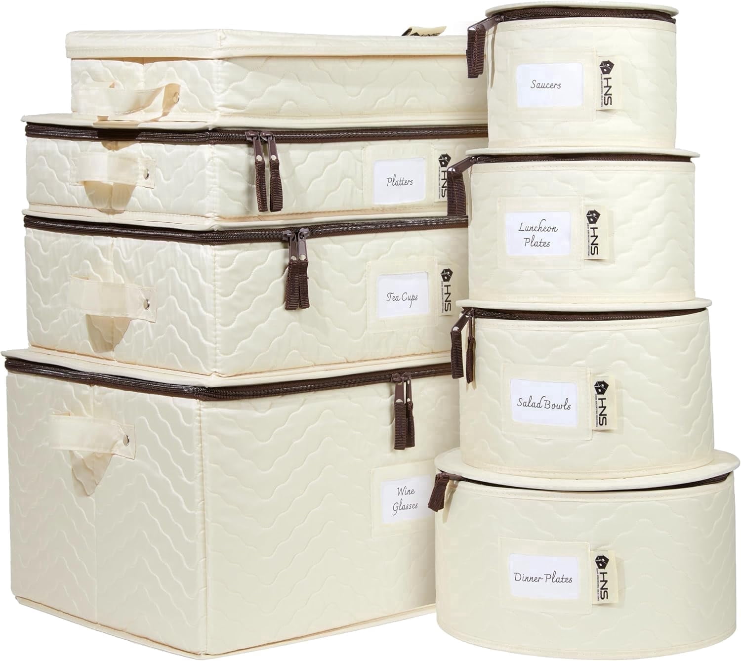 Hard Shell China Storage Containers 8-Piece Set Moving Boxes for Dinnerware, Glasses, Plates, Mugs and Saucers Sturdy Dish Organizer with Dividers for Seasonal Storage - Service for 12 - Quilted