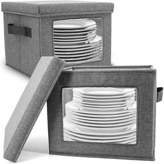 Hard Shell China Storage Containers for Dishes, 2pcs 12"x8" Plate Storage, Square Storage Containers with Lid, Heavy Duty Fine China Dish and Dinnerware Storage with 30 Felt Pads