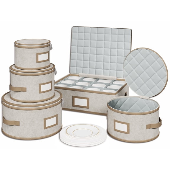 Tomvista Hard Shell China Storage Containers for Storing Dinner Plates, Quilted Dividers for Safe Moving and Seasonal Storage, Beige (5 Packs)