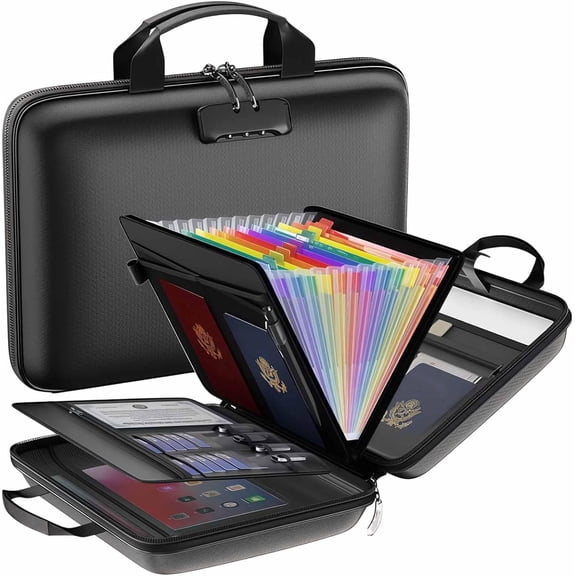 Hard-Shell Fireproof & Waterproof Document Organizer with Lock, 13-Pocket Expanding File Folder with Handle, Multi-Compartment for Documents, Certificates, Laptop & PassportPassport Storage Box