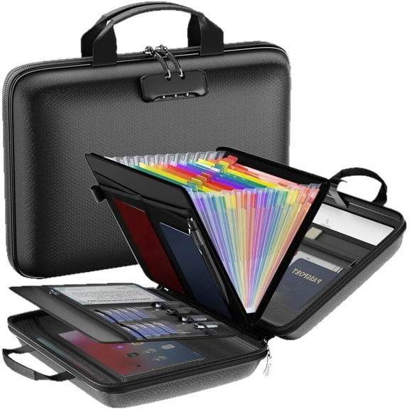 Hard-Shell Fireproof & Waterproof Document Organizer with Lock, Fireproof Document Box File Organizer with 12 Pocket Accordion File Folder for Important Documents Certificates Laptop Passports