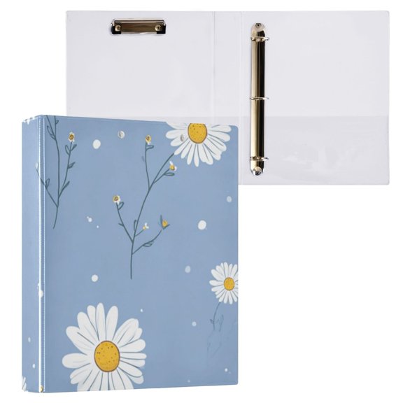 Hard Shell Ring Binder With Clip Holds 200 Sheets Office Home Organization Daisies on A Blue Background