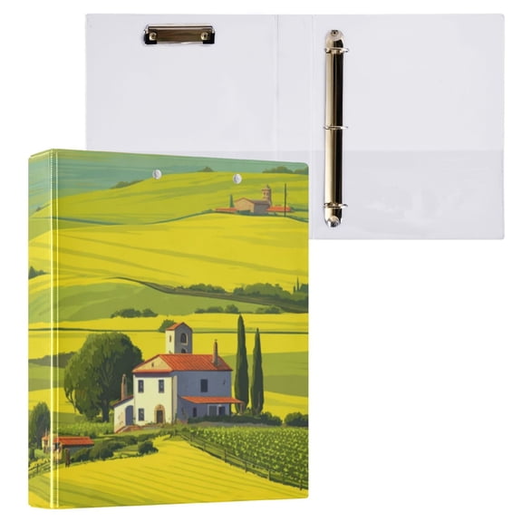 Hard Shell Ring Binder With Clip Holds 200 Sheets Office Home Organization Landscape with Houses