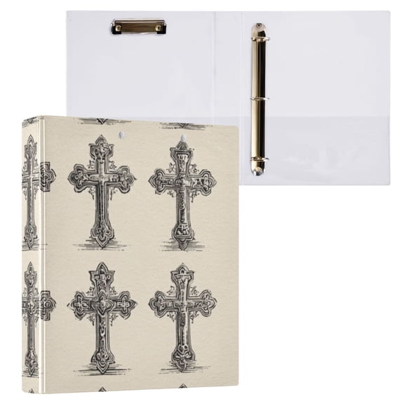 Hard Shell Ring Binder With Clip Holds 200 Sheets Office Home Organization Vintage Crosses