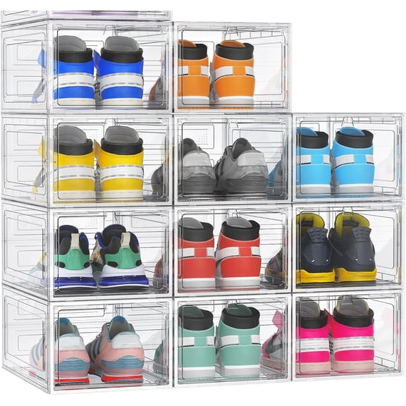 Hard Sturdy Thickened Rigid Shoe Storage Organizer, Clear Stackable Sneaker Boxes with Lids, White