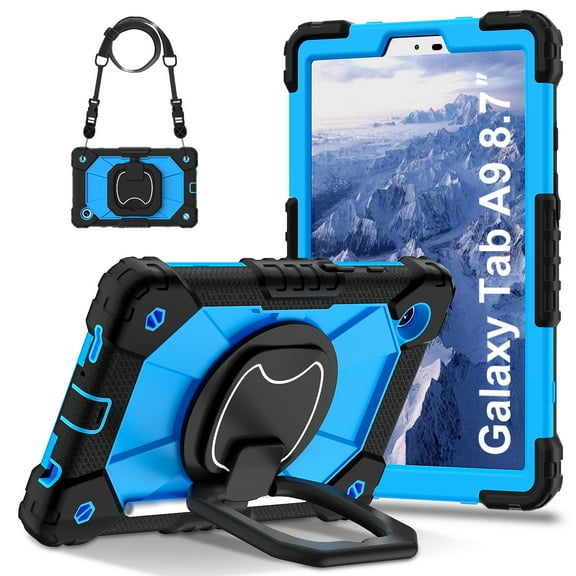 Heavy Duty Shockproof Hard Case for Samsung Galaxy Tab A9/A11 (8.7") Tablet, 3 Layers Rugged Case with Rotatable Kickstand/Handle/Pen Holder/Shoulder Strap, Black Blue