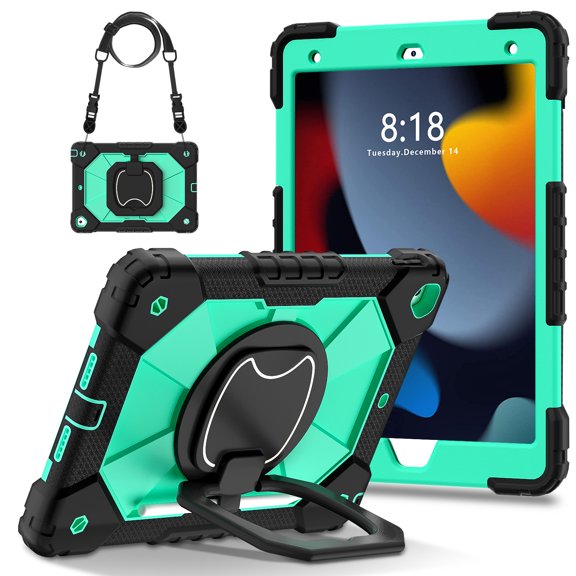Hard Tablet Case for iPad 6th/5th Generation 2018/2017 & iPad Air 2/1 9.7", Heavy-duty Rugged Case with Kickstand /Pen Holder, Portable Shockproof Sturdy Cover with Shoulder Strap /Handle, Black Mint