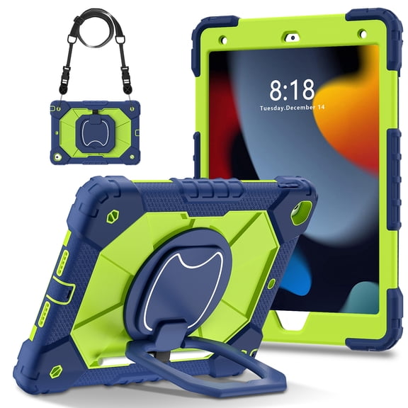 Hard Tablet Case for iPad 6th/5th Generation 2018/2017 & iPad Air 2/1 9.7", Heavy-duty Rugged Case with Kickstand /Pen Holder, Portable Shockproof Sturdy Cover with Shoulder Strap /Handle, Blue Green