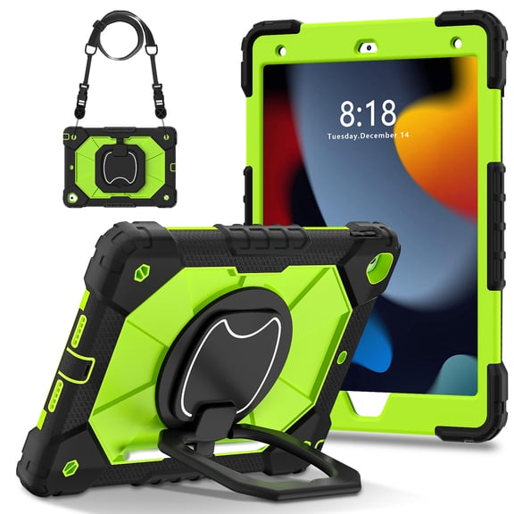 Hard Tablet Case for iPad 9th/8th/7th Generation 10.2" (2021/2020/2019), Heavy-duty Rugged Case with Kickstand /Pencil Holder, Portable Shockproof Sturdy Cover with Shoulder Strap /Handle, Black Green