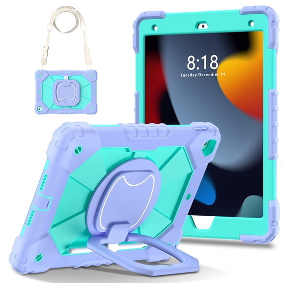 Hard Tablet Case for iPad 9th/8th/7th Generation 10.2" (2021/2020/2019), Heavy-duty Rugged Case with Kickstand /Pencil Holder, Portable Shockproof Sturdy Cover with Shoulder Strap /Handle, Purple Mint