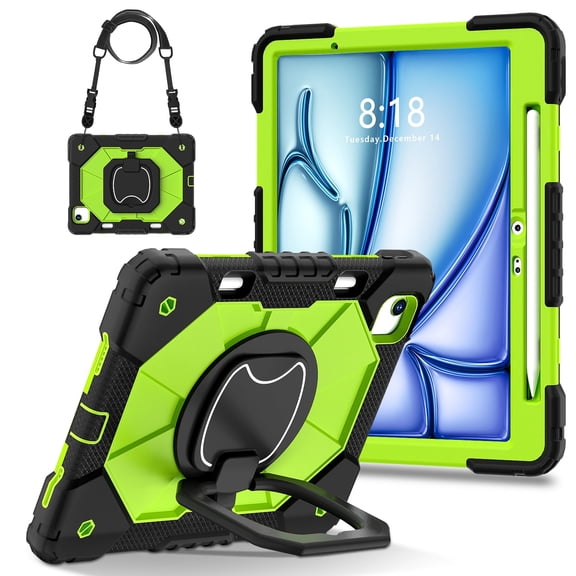 Hard Tablet Case for iPad Air 11-Inch M2 2024 (A2902/A2903/A2904), Heavy-duty Rugged Case with Kickstand /Pencil Holder, Portable Shockproof Sturdy Cover with Shoulder Strap /Handle, Black Green