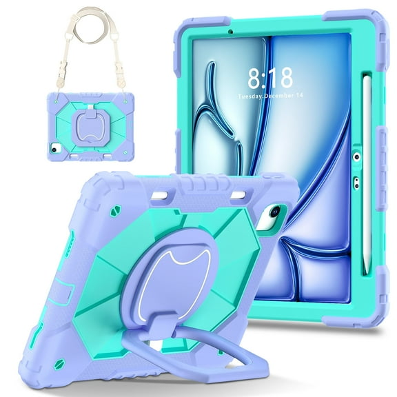 Hard Tablet Case for iPad Air 11-Inch M2 2024 (A2902/A2903/A2904), Heavy-duty Rugged Case with Kickstand /Pencil Holder, Portable Shockproof Sturdy Cover with Shoulder Strap /Handle, Purple Mint