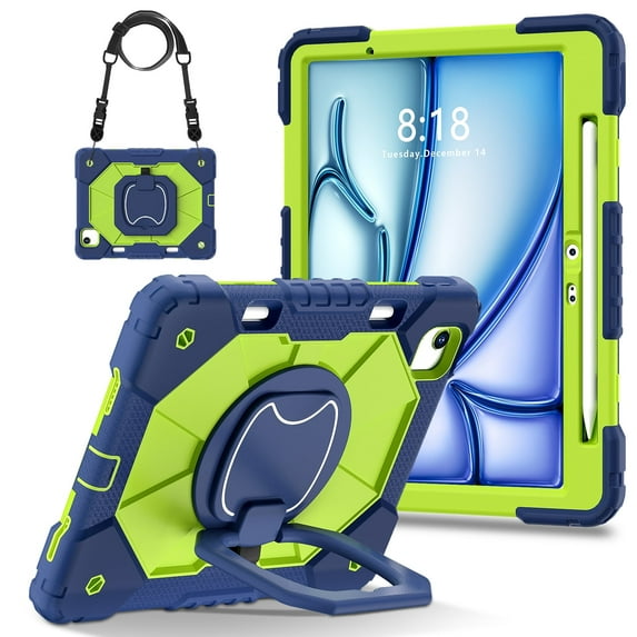 Hard Tablet Case for iPad Air 11-Inch M2 2024 (A2902/A2903/A2904), Heavy-duty Rugged Case with Kickstand /Pencil Holder, Portable Shockproof Sturdy Cover with Shoulder Strap /Handle, Blue Green