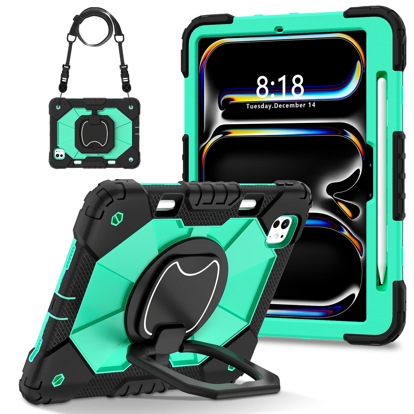 Batianda Case For New IPad Pro 11-inch 2025 M5 2024 M4 Chip Heavy Duty Rugged Durability Silicone Tablet Cover With 360° Rotating Hand Strap Foldable Hidden Stand & Shoulder Strap, Sea