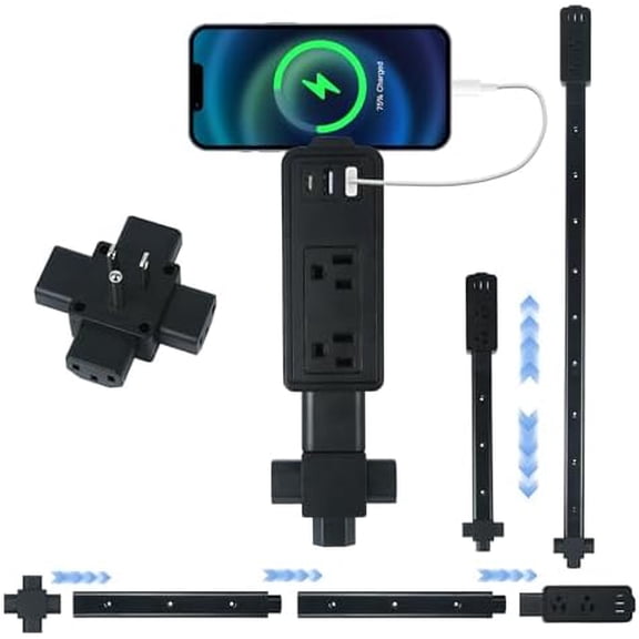 Hard-to-Reach Outlet Extender Stick, Extendable 8.336.1" Wall Outlet Extender for Behind Couch & Tight Spaces, Slim Power Stick with 2 AC Outlets, 2 USB-A & USB-C for Bed, Desk, Furniture