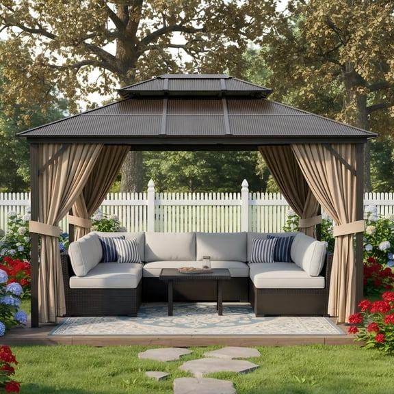 Hard top Gazebo 10 ft x13 ft for All Weather, Double Polycarbonate Sheets Roof, Aluminum Alloy Frame, Net, and Curtain, Permanent Building for Patio, Deck, Backyard, Lawn, and Garden